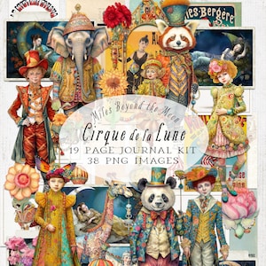 Kit de carnets Cirque de la Lune// Kit numérique imprimable// Journal et documents éphémères// Clip Art PNG// Poupées de papier fantaisistes// Cirque vintage