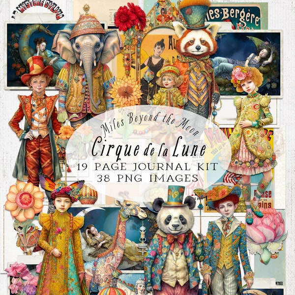 Cirque de la Lune Journal Kit // Digital Printable Kit // Journal and Ephemera// PNG Clip Art// Whimsical Paper Dolls// Vintage Circus