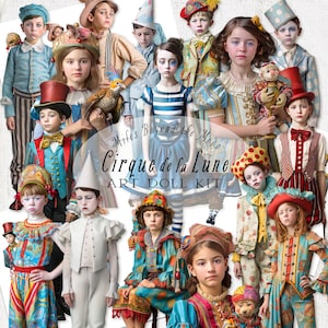 Poupées d'art du Cirque de La Lune//Poupées en papier imprimable numérique//Images clipart PNG//Poupées en papier fantaisistes// Cirque vintage