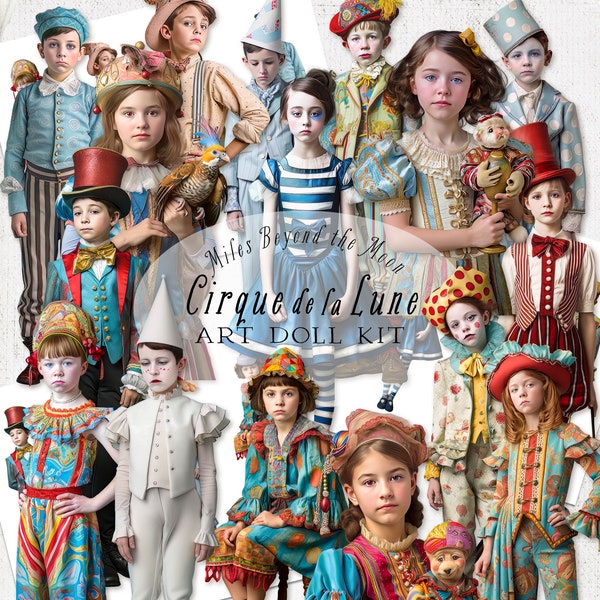 Cirque de La Lune Art Dolls // Digital Printable Paper Dolls // PNG Clip Art// Whimsical Paper Dolls// Vintage Circus
