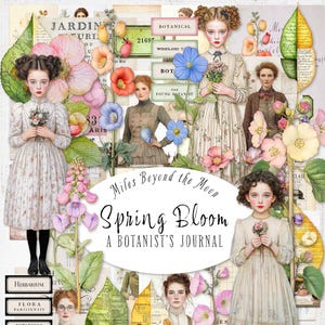 Primavera in fiore – Diario di un botanico// Kit stampabile digitale// Diario e materiale effimero// Clip art PNG// Bambole di carta// Diario di botanica// Natura