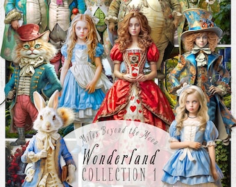 Alice in Wonderland Art Dolls: Printable PNG Clipart & Backgrounds (Digital Download)