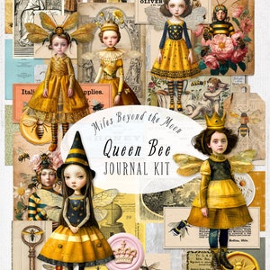 Queen Bee Journal Kit // Digital Printable Kit // Journal and Ephemera// PNG Clip Art// Whimsical Paper Dolls