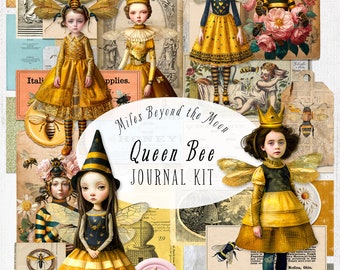 Queen Bee Journal Kit // Digital Printable Kit // Journal and Ephemera// PNG Clip Art// Whimsical Paper Dolls