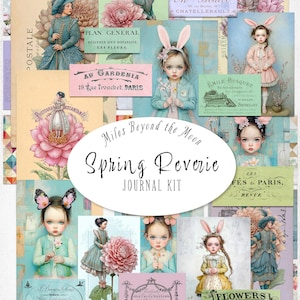 Kit diario Reverie primaverile // Kit stampabile digitale // Diario e materiale effimero // Clip art PNG // Bambole di carta // Diario in stile mixed media primaverile