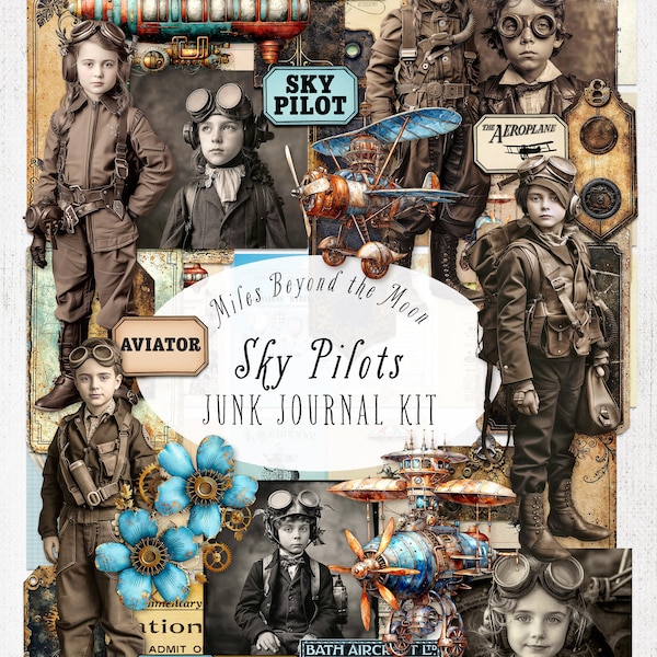 Sky Pilots Junk Journal Kit // Digital Printable Kit // Journal und Collage/ PNG Clip Art // Skurrile Papierpuppen // Steampunk Journal