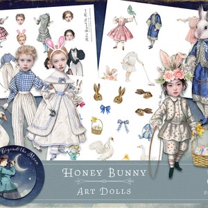 Honey Bunny Art Dolls: digitale oder druckbare Papierpuppen / / sofortiger Download / / druckbare Collage Blätter / wunderliche Hasen und Kinder