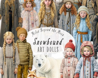 Snowbound ART DOLLS // Digital Printable Paper Dolls // PNG Clip Art// Vintage Winter Paper Dolls// Digital Collage Sheets