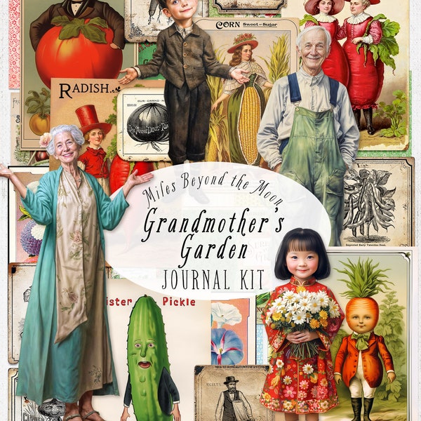 Grandmother’s Garden Journal Kit // Digital Printable Kit // Journal and Ephemera// PNG Clip Art // Whimsical Paper Dolls // Vintage Garden