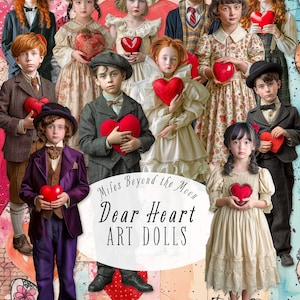 Kit bambola artistica Dear Heart // Bambole di carta stampabili digitali // Clip art PNG // Bambole di carta di San Valentino // Fogli di collage digitali