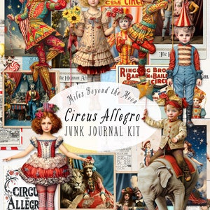 Circus Allegro Junk Journal Kit // Digital Printable Kit // Journal and Ephemera// PNG Clip Art// Whimsical Paper Dolls// Vintage Circus