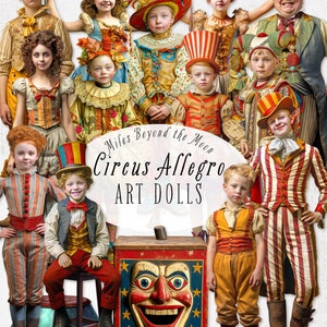 Circus Allegro Art Doll Kit//digitale afdrukbare papieren poppen//PNG clip art//vintage circus papieren poppen//digitale collagebladen