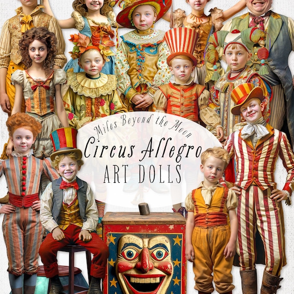 Circus Allegro Art Doll Kit // Poupées en papier imprimables numériques // PNG Clip Art// poupées en papier Circus vintage// Feuilles de collage numérique