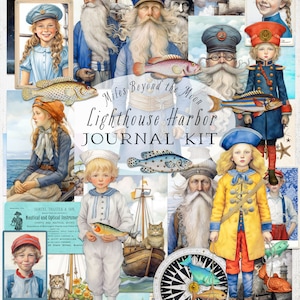 Lighthouse Harbor Journal Kit//Digitale afdrukbare Kit//Journal & Ephemera//PNG Clip Art//grillige papieren poppen//Vintage Seaside thema