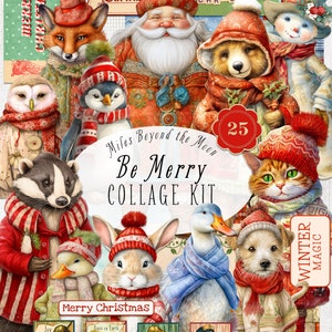KIT COLLAGE Be Merry // Bambole di carta stampabili digitali // Clip Art PNG // Bambole di carta natalizie vintage // Fogli di collage digitali