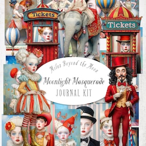 Moonlight Masquerade Journal Kit//Digitale afdrukbare kit//Journal and Ephemera//PNG-illustraties//grillige papieren poppen//Circus Journal