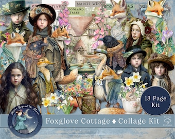 Foxglove Cottage Collage Kit: Collage imprimable et kit d’éphémères / / PNG clipart pour les artistes numériques // personnages de la forêt cottagecore