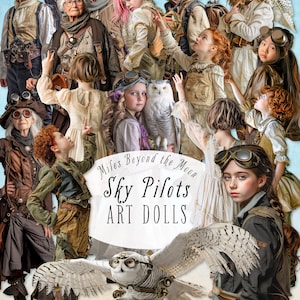 Sky Pilots Art Doll Kit//digitale afdrukbare papieren poppen//PNG illustraties//Steampunk papieren poppen//digitale collagebladen