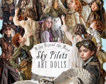 Sky Pilots Art Doll Kit // Digital Printable Paper Dolls // PNG Clip Art// Steampunk Paper Dolls// Digital Collage Sheets