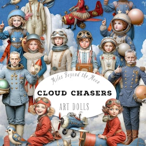 May include: A digital art print featuring multiple child-like figures in vintage aviator and astronaut attire, set against a blue sky backdrop. The artwork includes the text "Miles Beyond the Moon" and "Cloud Chasers Art Dolls."