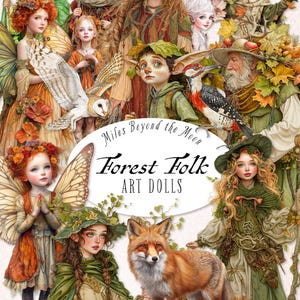 Kit de poupées d'art folklorique forêt//Poupées en papier imprimable numérique//Clip Art PNG//Poupées en papier automne//Feuilles de collage numérique//Journal indésirable