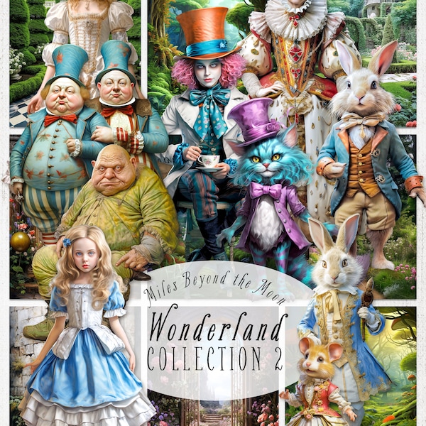 Wonderland Collection 2:  Printable Alice in Wonderland Kit// Wonderland digital paper dolls – PNG clip art// Wonderland backgrounds