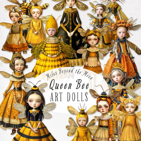 Queen Bee Art Doll Kit//digitale afdrukbare papieren poppen//PNG illustraties//grillige papieren poppen//digitale collagebladen//junk Journal