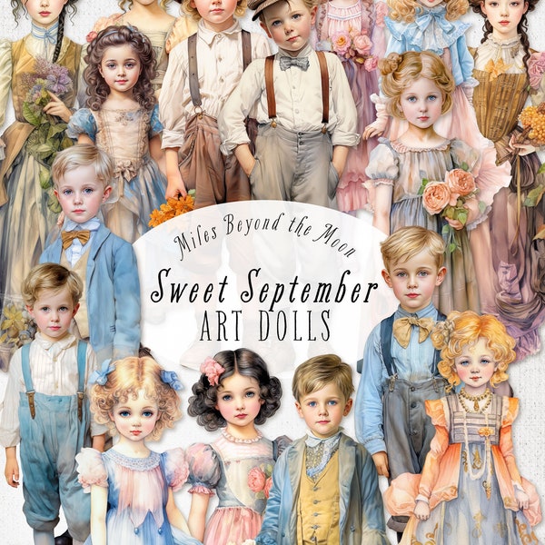 Sweet September Art Dolls // Digital Printable Paper Dolls // PNG Clip Art// Whimsical Paper Dolls// Collage Sheet// Autumn Cottagecore