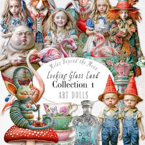 Looking Glass Land Collection 1 Art Doll Kit// Digitale afdrukbare papieren poppen// PNG-illustraties// Grillige papieren poppen// Collagevellen