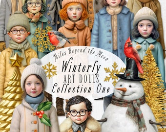 Winterly ART DOLLS Collection One // Digital Printable Paper Dolls // PNG Clip Art// Vintage Winter Paper Dolls// Digital Collage Sheets