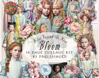 Bloom Collage Kit : Kit de collage et éphémères imprimables // clipart PNG pour artistes numériques // journal de printemps, poupées en papier et fleurs