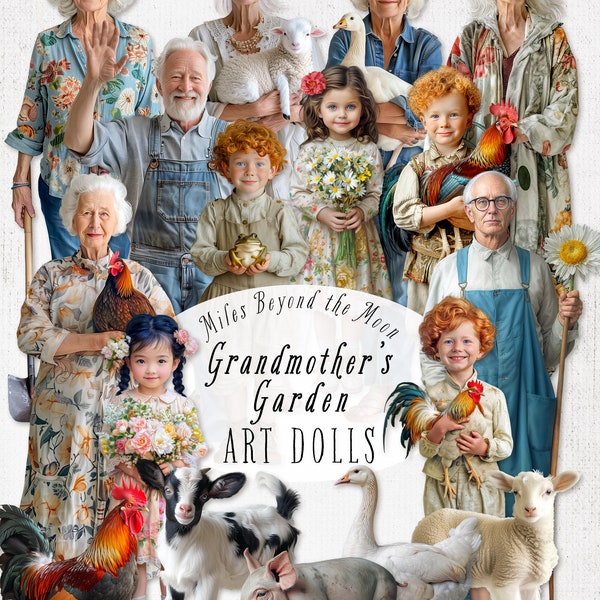 Grandmother’s Garden Art Doll Kit // Digital Printable Paper Dolls // PNG Clip Art// Whimsical Paper Dolls // Junk Journal // Vintage Garden
