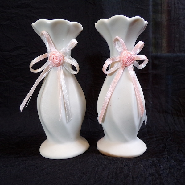 Pair of Bisque Bud Vases with Peach Ribbon Flowers