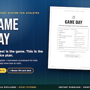 Peut inclure: Un système d'étude numérique pour athlètes intitulé Game Day, comprenant un guide PDF imprimable et un jeu de 45 cartes. Le document inclut un plan d'entraînement, des modes d'étude et un tableau de score pour les élèves de 10 à 15 ans.