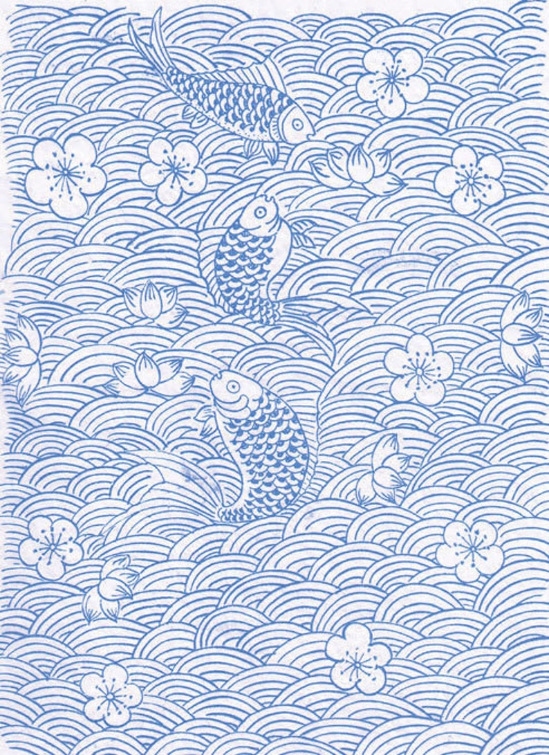 Ceramic Decal, Underglaze Transfer Asian Carpe 01 Blue