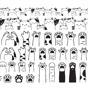 May include: Black and white cartoon illustrations of cats, paws, and hands. The cats are at the top, with various paw and hand designs below. The paws have different patterns and shapes, and the hands form a heart shape.