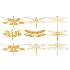 May include: Nine gold-colored dragonfly illustrations on a white background. The dragonflies are arranged in three rows of three. Each dragonfly has intricate details and a delicate design.
