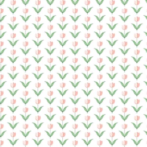 Peut inclure: Un motif répétitif sur fond blanc représentant des tulipes rose clair avec des tiges et des feuilles vertes. Les tulipes sont disposées en rangées verticales, chacune avec une fleur, une tige fine et deux feuilles vertes pointues à la base.
