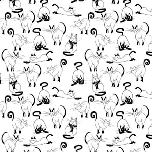 Może przedstawiać: Wzór bez szwów z czarno-białymi ilustracjami kotów w różnych pozach. Koty są narysowane w prosty, stylizowany sposób i powtarzają się w całym wzorze.