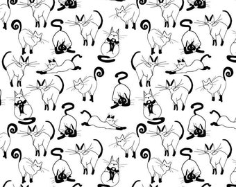 May include: A seamless pattern featuring black and white illustrations of cats in various poses. The cats are drawn in a simple, stylised manner and are repeated throughout the pattern.