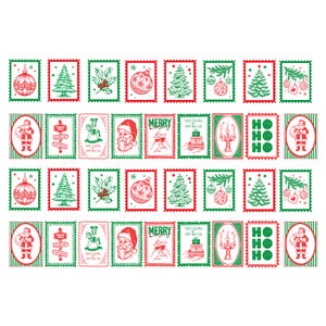 May include: A collection of rectangular stickers featuring red and green Christmas-themed illustrations. Designs include Santa Claus, Christmas trees, ornaments, holly, a North Pole sign, a rocking horse, gifts, and the text Merry Christmas and Ho Ho Ho.