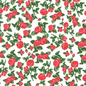 May include: A seamless pattern featuring red roses with green leaves on a white background.