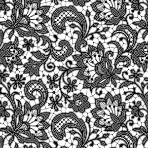 Puede incluir: Patrón de encaje blanco y negro con intrincados diseños florales. El patrón es sin costuras y se puede utilizar para una variedad de propósitos, como telas, papel tapiz o diseño digital.