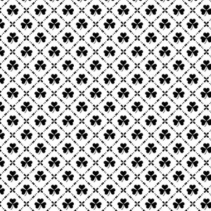 May include: A black and white seamless pattern featuring a repeating design of shamrocks and small dots. The shamrocks are arranged in a diamond pattern.