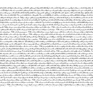 Peut inclure: Un fond blanc avec un texte cursif noir dense et répétitif. L'écriture se compose de plusieurs paragraphes de textes religieux, spécifiquement le Sermon sur la montagne, disposés en un motif continu et superposé sur toute la surface.
