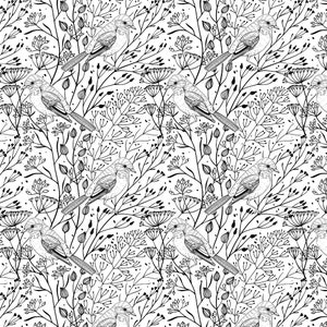 May include: A black and white seamless pattern featuring stylised birds perched on branches with delicate floral elements. The design is intricate and detailed, creating a whimsical and elegant aesthetic.