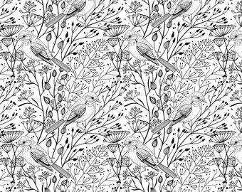 Könnte beinhalten: Ein nahtloses Schwarzweißmuster mit stilisierten Vögeln, die auf Ästen sitzen, mit zarten floralen Elementen. Das Design ist filigran und detailliert und erzeugt eine skurrile und elegante Ästhetik.