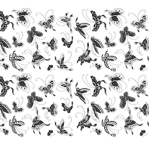 Puede incluir: Un patrón blanco y negro de mariposas estilizadas sobre un fondo blanco. Las mariposas están dispuestas en un patrón repetitivo, con cada mariposa mirando en una dirección diferente.