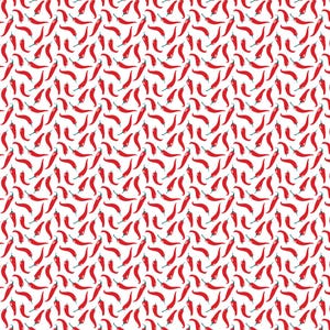 May include: A repeating pattern of red chili peppers on a white background. The peppers are stylized with a curved shape and green stems, creating a vibrant and spicy design. This pattern is suitable for fabric, wallpaper, or other decorative applications.