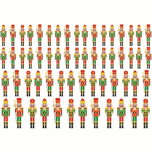 May include: A row of 40 red, green and gold toy nutcracker soldiers with black eyes and white moustaches. Each soldier is holding a gold spear.